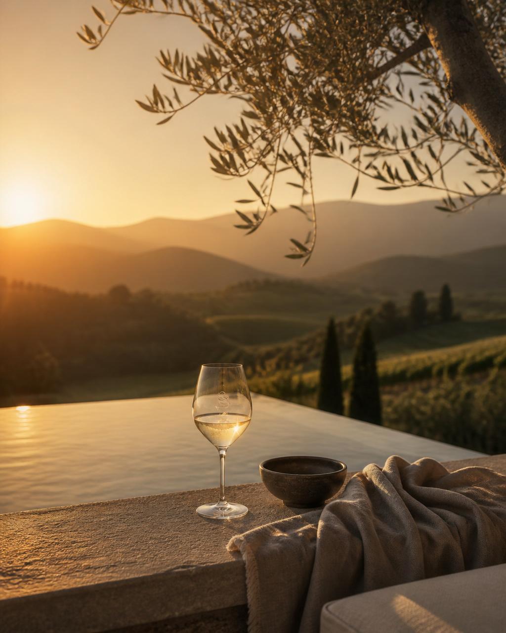 Napa Valley vineyard at golden hour with an infinity pool in the foreground